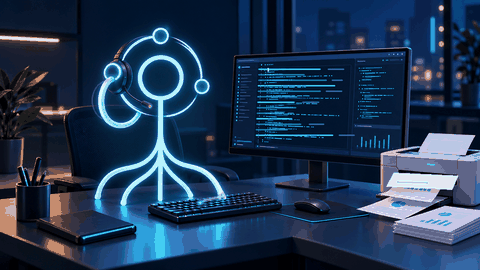 Персонаж Scrypteam печатает, работает с гарнитурой и формирует отчёты